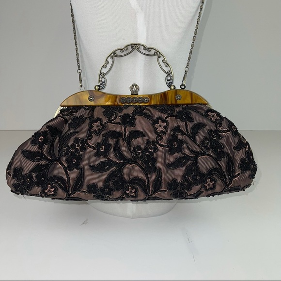 Vintage Inspired Black Gold Beaded Handbag Purse - Picture 3 of 17
